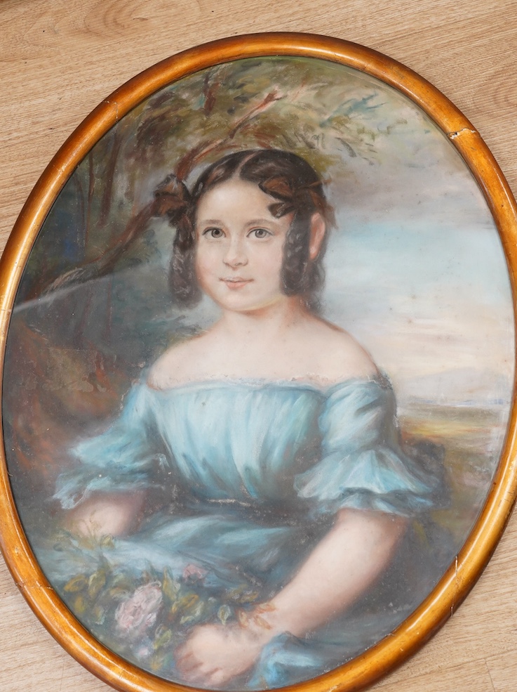 Three 19th century oval paintings, comprising classical oil on board, pastel portrait of a young girl before a landscape and seated lady in mourning dress, largest 50 x 40cm, gilt framed. Condition - varies, poor to fair